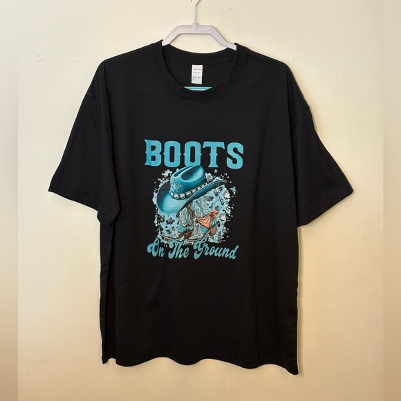 🆕Black And Turquoise Graphic T-Shirt With Boots And Hat Design. Size 2X. NWT. - Picture 3 of 8